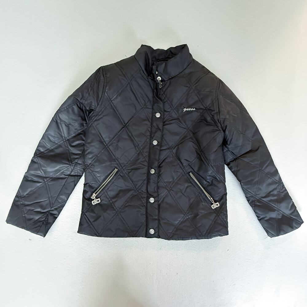 Guess Authentic Quilted Down Jacket Black Snap Front Zip Pockets XL (16)